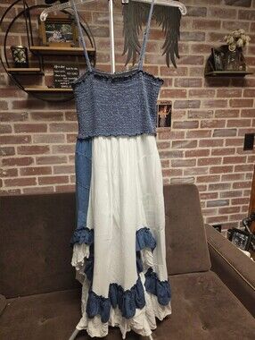 Blue and White Patchwork Maxi Dress - Smocked Bodice
